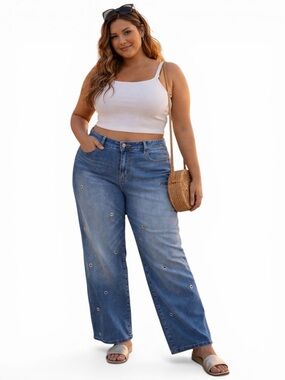 Vince Camuto Plus 22W Wide Leg Jeans Circle Stud Grommet Denim NWT